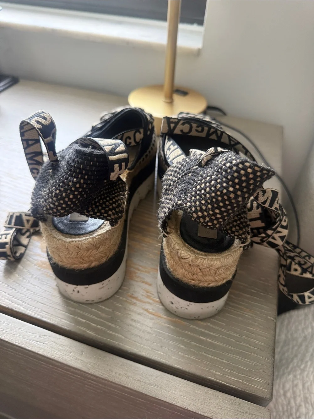 Stella McCartney Black and Cream Logo Espadrille Wedges